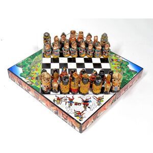 Handcrafted Wooden Peruvian Chess Set   Portable Aztecs Mayans Incas vs Spanish